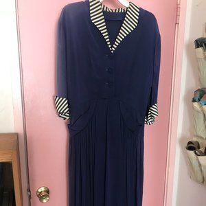 Vintage Navy Dress with Striped Collar & Cuffs